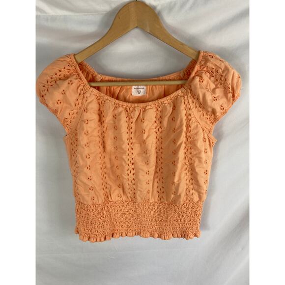 Abercrombie Kids Girls Orange Smocked Bottom Eyelet Top Size 13/14 - Picture 1 of 4